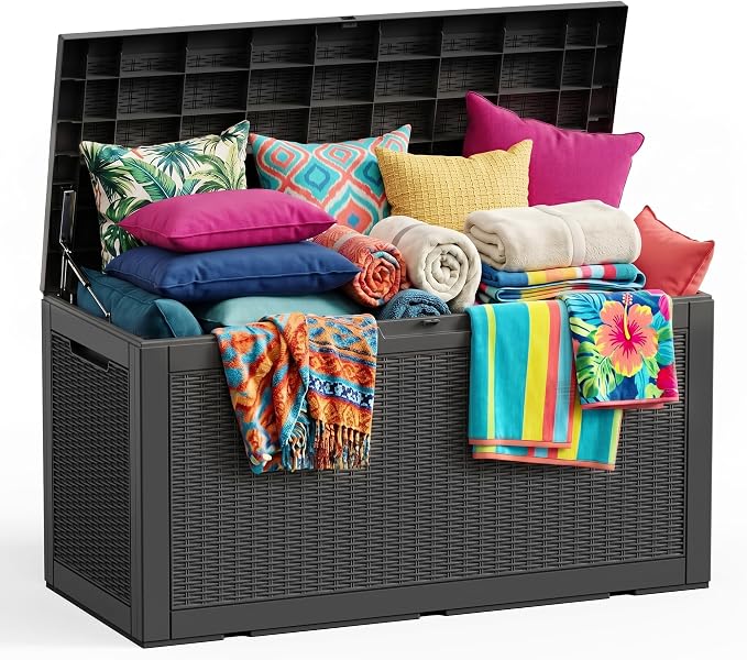 Vixzen 120 Gallon Deck Boxes Outdoor Waterproof, Large Resin Lockable Storage Box with lid for Patio Furniture Cushions, Weatherproof Outdoor Storage Boxes for Garden Tools & Pool Accessories(Black)