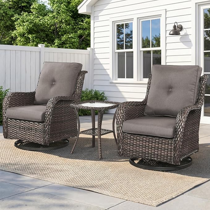 Belord Patio Wicker Chairs Swivel Rocker,Outdoor Patio Furniture Set with Rattan Side Table, All Weather Conversation Set for Porch Poolside Balcony, Brown Wicker/Gray