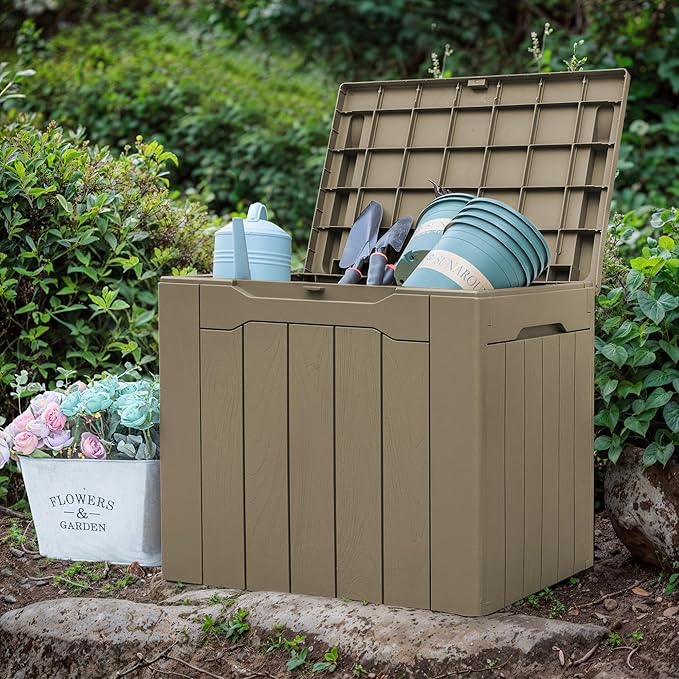 GUNJI 30 Gallon Small Deck Box Outdoor Waterproof Resin Storage Box Lockable Storage Container Outside Package Delivery Box (Beige)