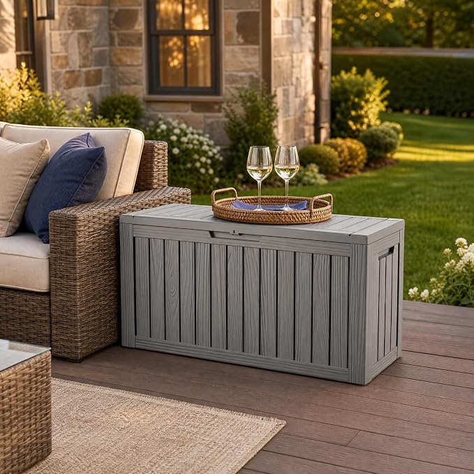 98 Gallon Large Deck Box, Waterproof Resin Outdoor Storage Box Lockable, Patio Storage Bench for Furniture Cushions & Garden Tools, 2-Person Seat, UV-Resistant, Gray Brown