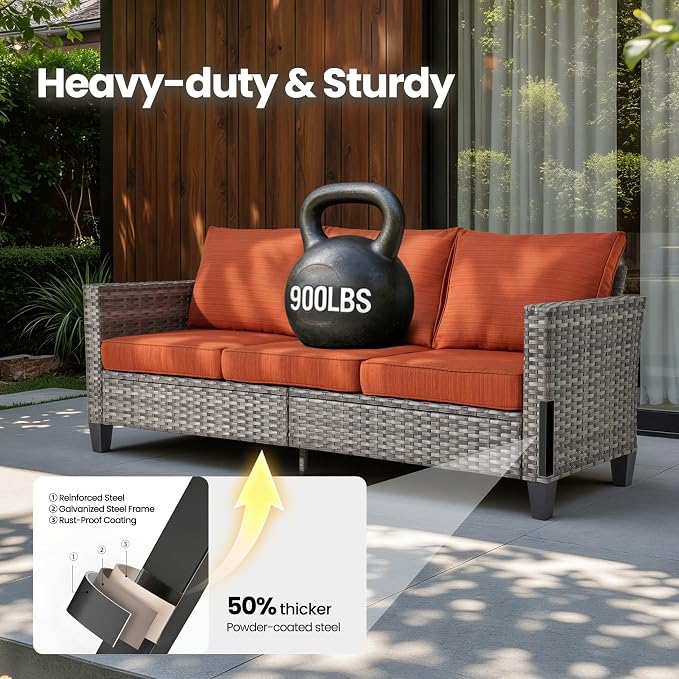 8 Piece Wicker Patio Furniture Set with Solar Table, Orange | Outdoor Deep Seating Sofa Chair Ottoman, Solar Lights Table, All Weather Rattan, Modern Conversation Set, Porch Deck Backyard