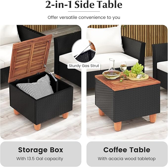 Tangkula 8 Piece Outdoor Conversation Set, Patio Cushioned Chairs w/Storage Coffee Table, Acacia Wood Tabletop & Chair Legs, Patio Wicker Furniture Set for Poolside, Lawn, Porch (2, Off White)