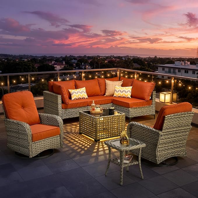 8 Pieces Patio Furniture Set, Outdoor Conversation Set with 360° Swivel Rocker Chairs, Wicker Sectional Sofa & Solar Powered Lighted Table, High Back Outdoor Furniture for Backyard Porch, Red