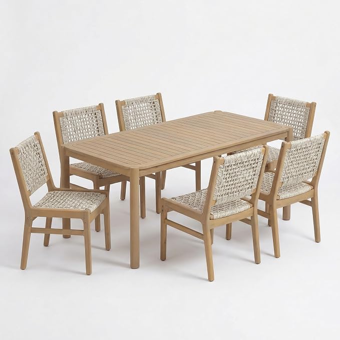 Christopher Knight Home Levi Acacia Wood Dining Table Set for 6, Solid Wood Outdoor Dining Set for 6, 7 Piece Patio Dining Table and Chair Set with Wicker Seat & Back, Light Gray + Light Teak