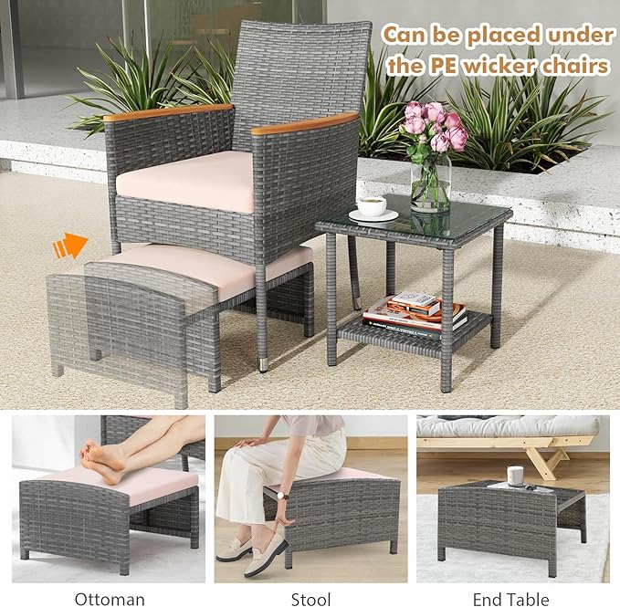 HAPPYGRILL 5 Pieces Wicker Patio Conversation Set, PE Rattan Porch Chairs with Ottomans, 2-Tier Coffee Table, Cushions, Outdoor Furniture Set for Garden, Poolside, Balcony