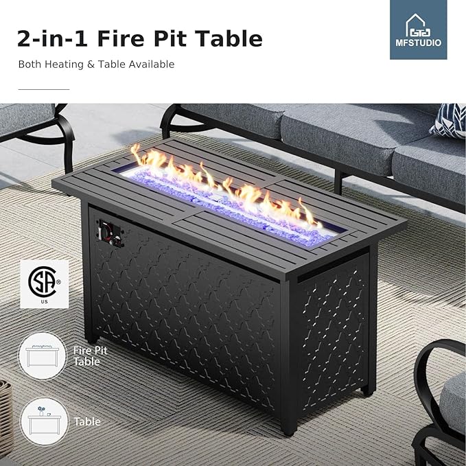 MFSTUDIO 6 Pieces Patio Furniture Sets with 45" Gas Fire Pit Table(Up to 7 Seat),Outdoor Metal Frame Patio Conversation Sofas with 1 x 3-Seat Sofa, 2 Swivel Chairs and 2 Ottoman, Grey Cushion