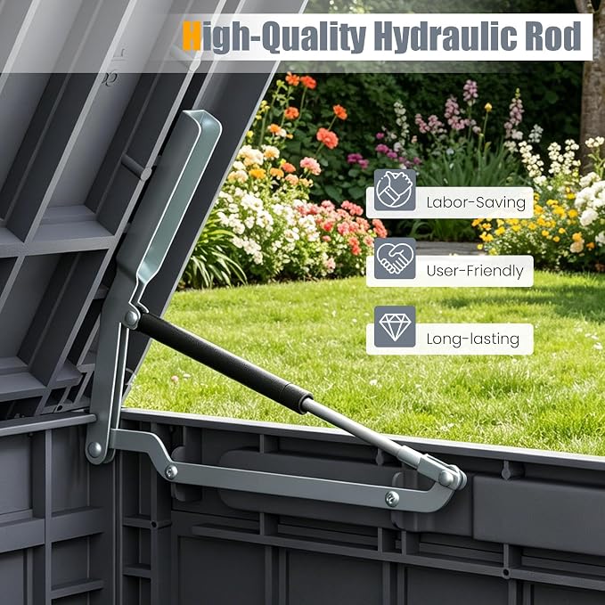 HAPPYGRILL 100 Gal Outdoor Deck Box, Lockable Storage Bin with Lid and Handles, Waterproof and Sun-Protective Patio Bench and Storage Box for Garden Tools Pool Supplies (Gray, 100Gallon)