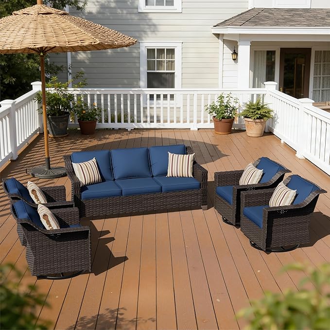5 Pieces Patio Conversation Furniture Set - 1 Sofa, 4 Swivel Chairs, Outdoor Wicker Furniture with Removable Cushions for Porch, Balcony, Sunroom (Blue)