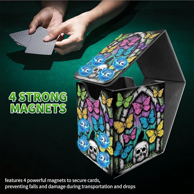 Woodgrain Butterfly Card Deck Box for MTG, Personalized Card Storage Case Fits 120+ Sleeved Cards, Premium Leather TCG Box with Strong Magnetic Closure for Magic, CCG, PTCG, Baseball Cards