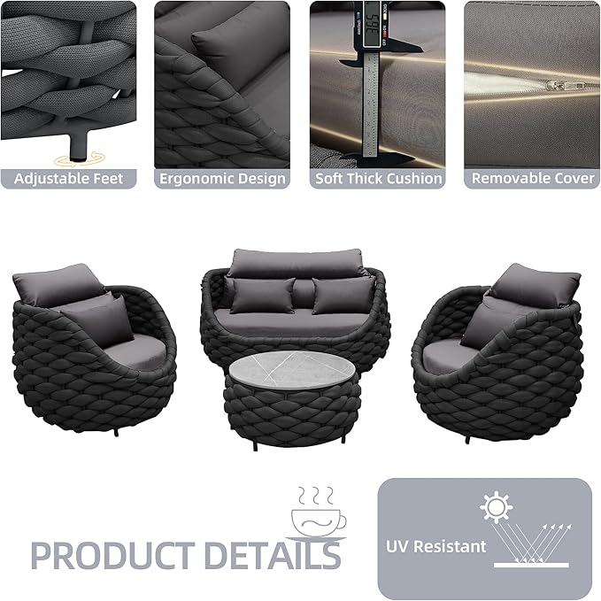 TWT 6 Pieces Patio Furniture Set, Outdoor Rope Conversation Sectional Patio Sofa with 6 Seater for Backyard, Porch, Modern Armchairs with Thickness Cushions and Side Table, Dark Grey