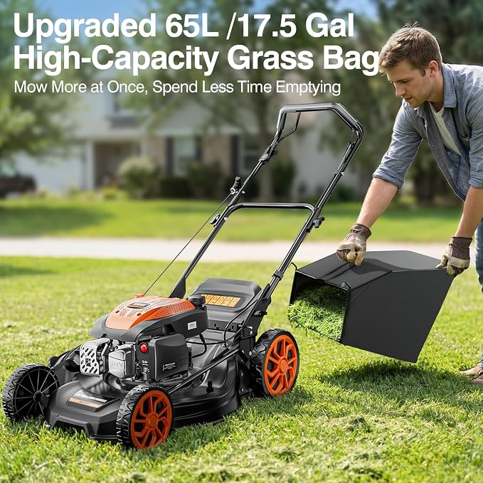 21” Self Propelled Lawn Mower Gas, 170CC 4-in-1 Mulch/Rear Bag/Side Discharge/Rear Discharge, Walk-Behind Gas Lawnmower with 7-Position Cutting Height, Foldable Gas Powered Lawn Mowers for Yard Garden