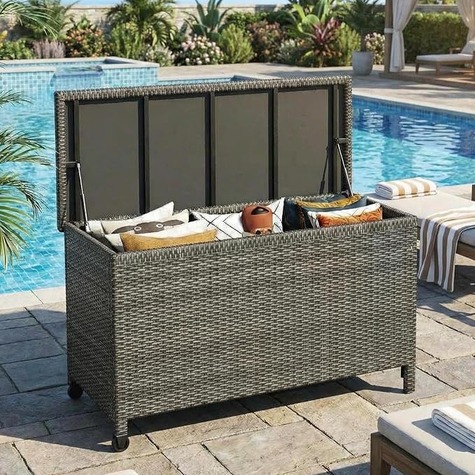 125 Gallon Wicker Deck Box, All-Weather Outdoor Storage Bin with Rattan Finish, Large Capacity for Patio Furniture, Cushions, Pool Supplies & Garden Tools (Gray)