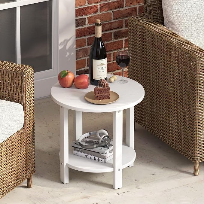 HDPE Round Outdoor Side Table, 18.1-Inch Weatherproof Small Outdoor Table for Adirondack, 2-Tier Patio End Table for Garden Backyard Porch Deck Balcony Poolside (White)