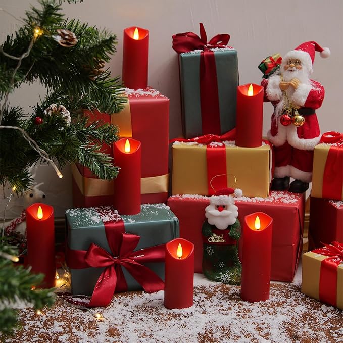 Homemory Christmas Flameless Candles, Battery Operated Candles with Remote Timers, Electric Fake Candles for Home, Christmas Decoration, Made of Plastic, Red/Burgundy, Set of 9