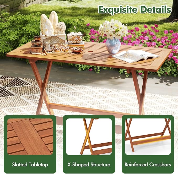 Outdoor Dining Table, Solid Wood Long Outdoor Tables with 2" Umbrella Hole & X-Shaped Support Legs, Patio Table for Porch Balcony Deck Garden Yard, Teak Oil Finish
