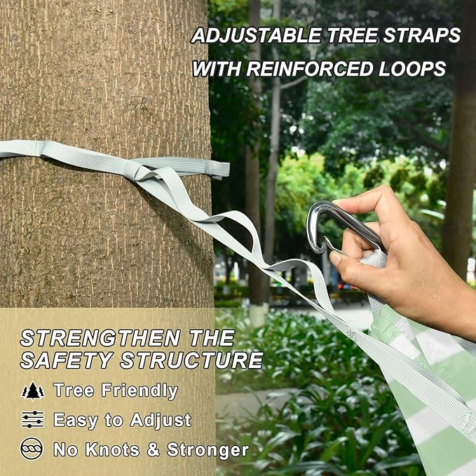 Green and White Stripes 330lb Capacity Hammocks for Camping with Tree Straps Backyard Hammock for Patio Backyard Lounge Base hamaca para adultos