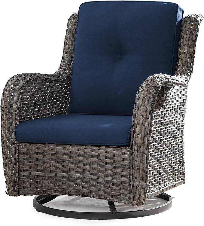 Outdoor Swivel Rocker Wicker Chair, High Back Swivel Patio Chairs Wicker Furniture, 1PC Rattan Swivel Rocking Chair with OIefin Cushions(Mixed Grey/Dark Blue)