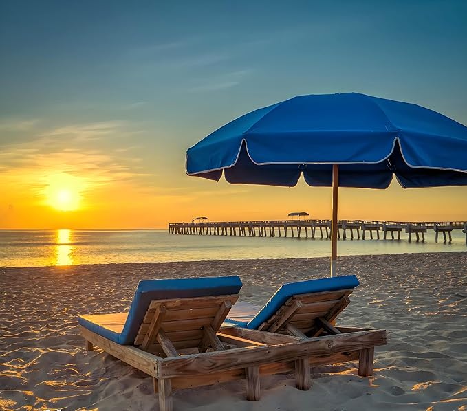 7.5FT Heavy Duty Beach Umbrella with Air Vent, Wood-Look Pole, Carry Bag, UPF50+ Superior Sun Protection, Blue Version