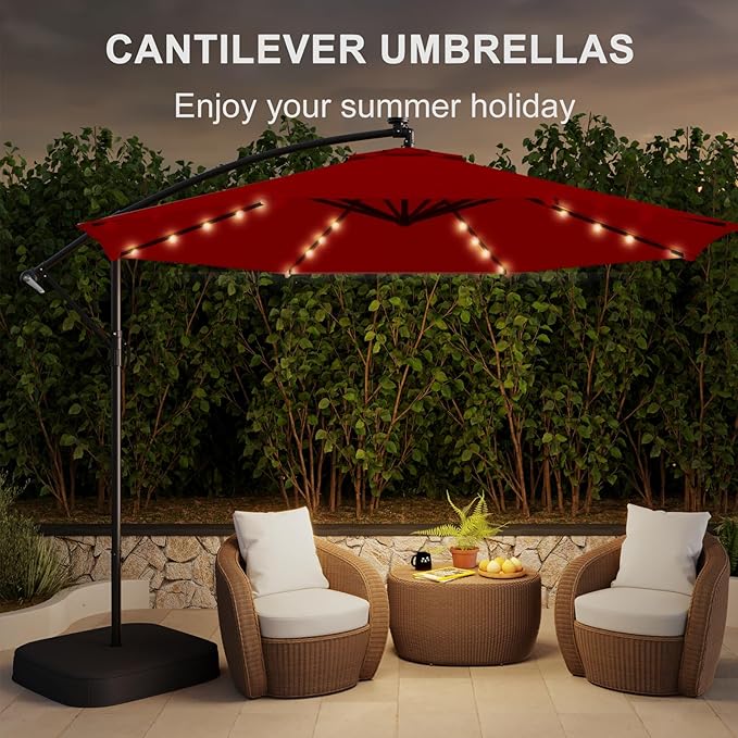 10FT 40-LED Solar Lighted Patio Umbrella with Base Included, Outdoor Offset Cantilever Umbrella, Infinite Tilt, UV Protection for Backyard, Lawn, Garden & Pool