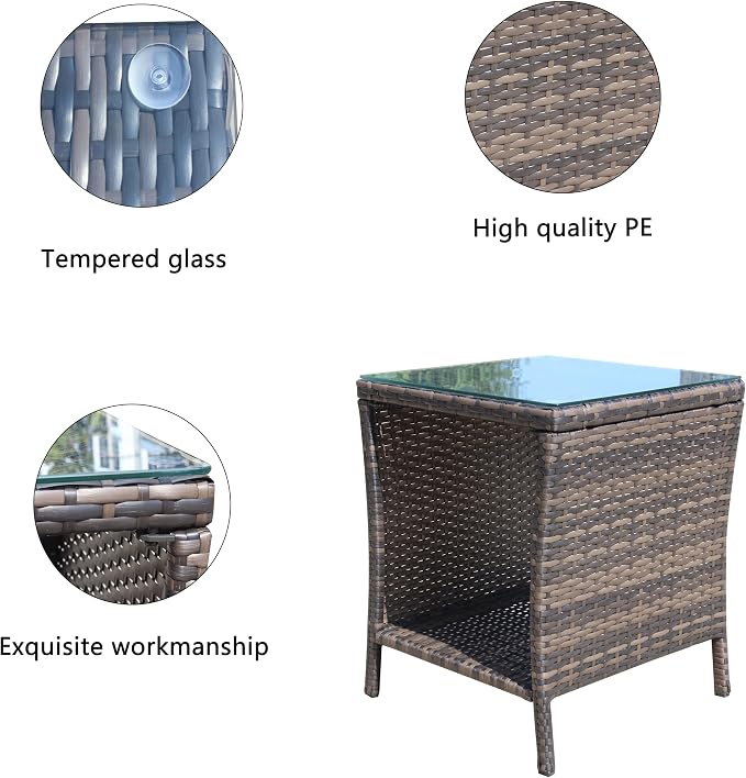Outdoor Wicker Side Table, 19.25" Square Patio End Table with Tempered Glass Top & Storage Shelf, All-Weather Brown Rattan Coffee Table for Patio, Porch, Backyard, Poolside, Indoor & Outdoor Use