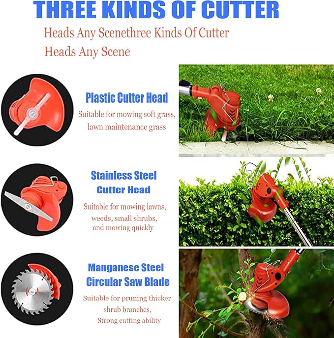 Weed Wacker Electric Cordless Grass Trimmer,with 3Types Blades,Included 2Pcs 24v 4Ah Batteries Electric Stringless Weed Trimmer Lightweight 2.6lb， for Yard and Garden