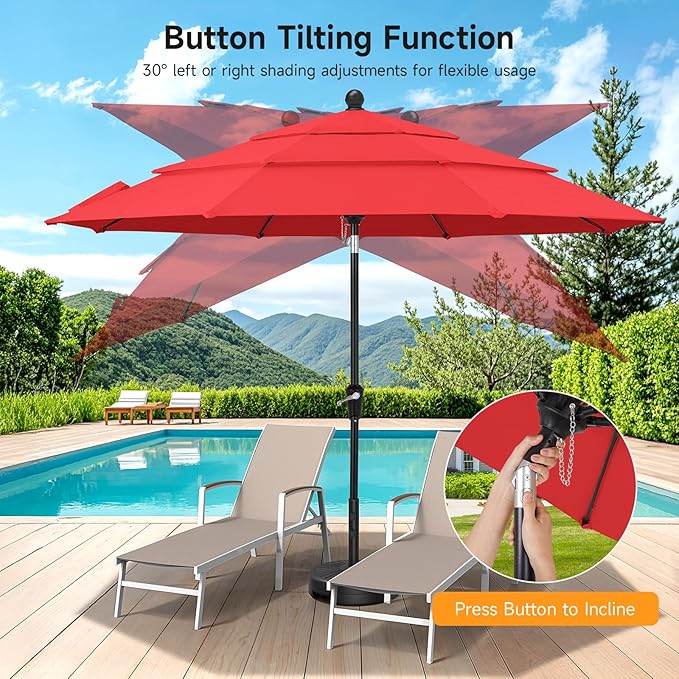 ONBRILL 9 FT Outdoor Patio Umbrella, 3 Tier Market Table Umbrella with 8 Sturdy Fiberglass Ribs and 1.5’’ Pole, Smooth Button Tilt Patio Umbrella for Backyard Pool Garden, Red(No Base)