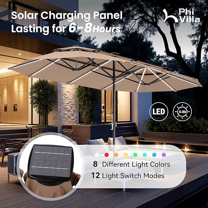 PHI VILLA 13ft Patio Umbrella with 120 PCS Solar-Powered LED Color-Changing Lights, 2-Tier Double-Sided Large Rectanglular Umbrella with Base Included,Beige
