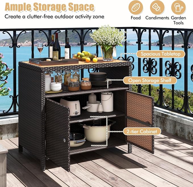 RELAX4LIFE Wicker Outdoor Bar Cabinet - PE Rattan Patio Bar Table w/Acacia Wood Countertop, Open Shelf & 2 Doors, Buffet Sideboard Organizer for Garden Backyard Pool, Outside Storage Cabinet (Brown)