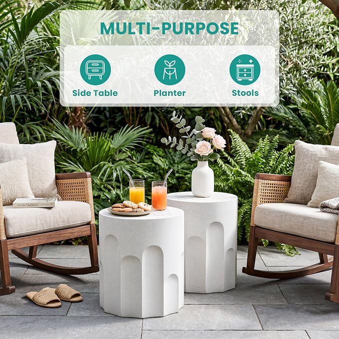 SUNBURY Outdoor Side Table, 15" W Small Outdoor End Table, Concrete Side Tables w Chessboard, Lightweight MgO Round Patio Side Tables, Garden Stool Plant Stand for Yard, Front Porch, Spotted White