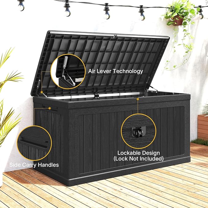 Skepphlay 260 Gallon Deck Box Extra Large, Outdoor Storage Box Lockable, Patio Storage Box Waterproof and UV Resistant, 440lbs Load Capacity for Garden, Patio, Pool (Black)