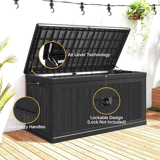 Skepphlay 260 Gallon Deck Box Lockable, Outdoor Storage Box Waterproof and UV Resistant, Large Patio Storage Box with 1000 lbs Capacity, for Garden, Patio Furniture, Pool (Black)