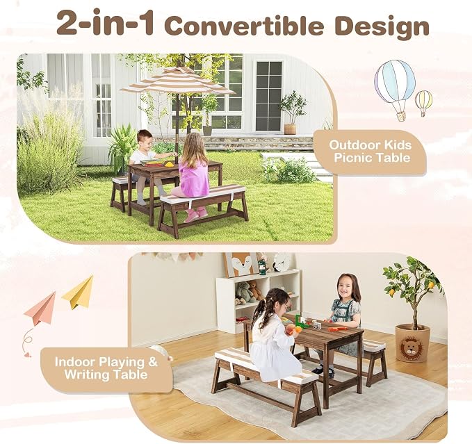 HONEY JOY Kids Picnic Table, Outdoor Wooden Table & Bench Set w/Removable Cushions and Umbrella, Stripe Fabric, Children Backyard Furniture for Patio Garden, Gift for Toddler Boys Girls Age 3+(Coffee)