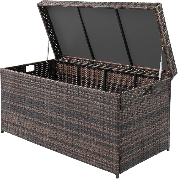 132 Gallon Resin Deck Box,Indoor Outdoor Lockable Storage Container,Ratton Patio Storage Box for Patio Furniture Cushions,Toys,Garden Tools,Pool Supplies (Brown)