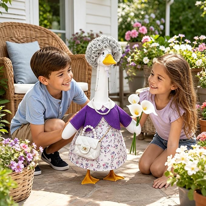 Celltestria Old Lady Goose Outfits Grandma Goose Costume Purple Lily Geese Clothes with Wig Glasses Necklace Bag for 23'' Geese Holiday Outdoor Lawn Patio Yard Garden Decor