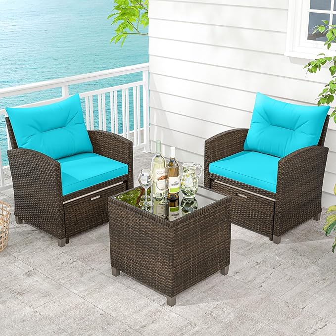 ORALNER 5 Pieces Patio Furniture Set with Ottoman, Wicker Conversation Set w/Cushions, Glass Coffee Table, Outdoor Rattan Lounger Chairs Bistro Set for Porch Balcony Garden Deck Poolside (Turquoise)