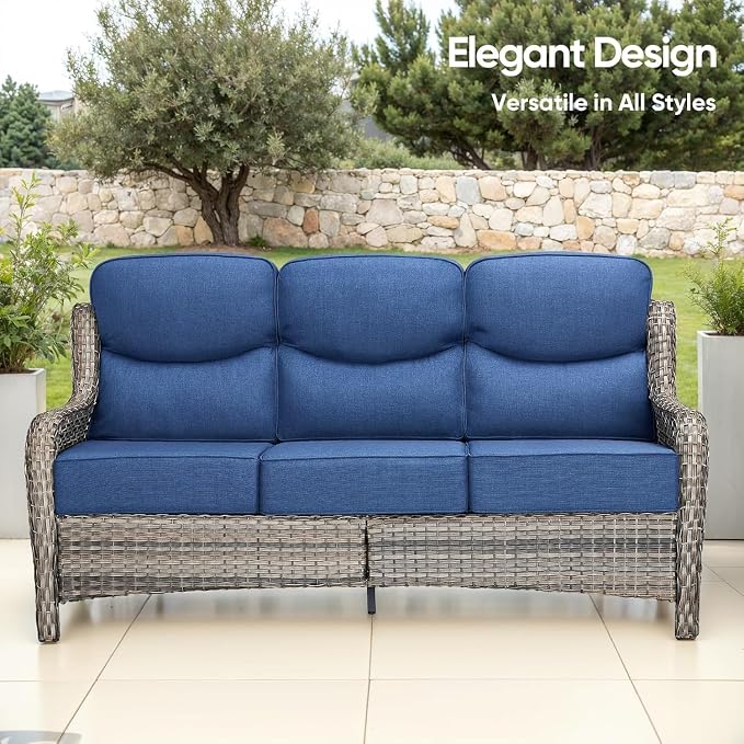 Luxury Patio Furniture Set 10pcs with 6-inch Cushion, Outdoor Furniture with Fire Pit Table, Swivel Chairs, Sofa, Side Table, Ottomans, Patio Set for Deck Yard Grey Wicker | Blue Cushions