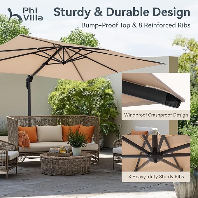 PHI VILLA 10ft Patio Umbrella with Base 360° Rotation & 7-Level Tilt Outdoor Cantilever Umbrella with Easy Crank Handle. Square Offset Umbrella Heavy Duty for Garden Poolside Backyard (Beige)