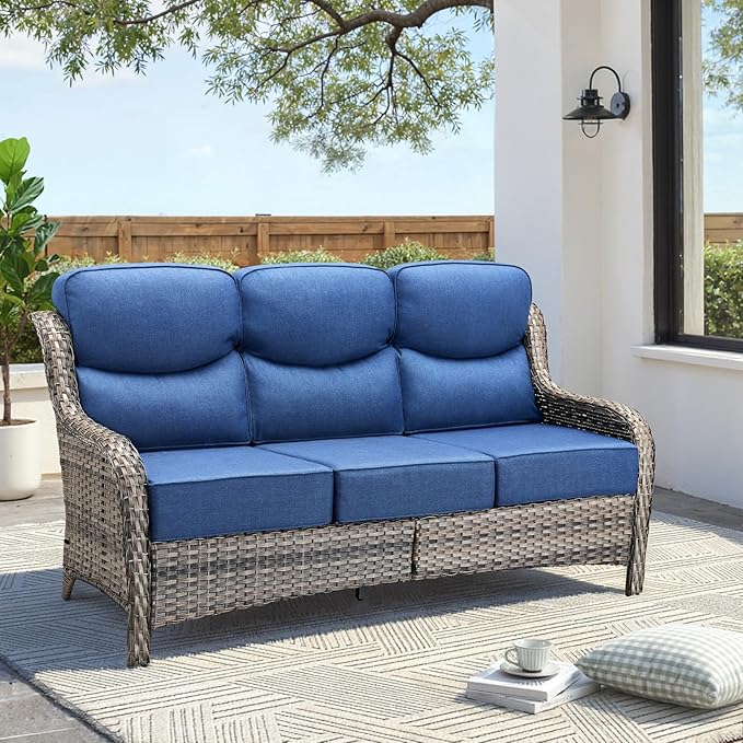 Luxury Outdoor Patio Furniture Set-Wicker High Backrest 3-Seat Patio Sofa with Comfy 6" Cushion, Rattan Couch with Deep Seat All-Weather Patio Conversation Set for Deck Backyard Garden(Grey/Blue)