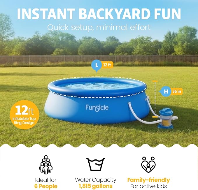 Funsicle Quickset 12' x 36" Round Above Ground Swimming Pool, with FiltraBoost 800 GPH Filter Pump, Type D Filter Cartridge & Repair Patch