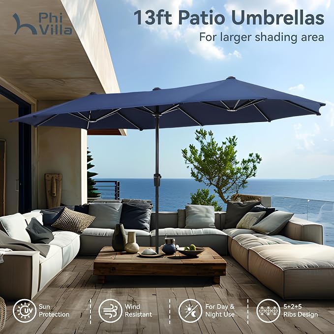 PHI VILLA Outdoor Patio Dining Set for 6 with Umbrella, Rectangle Patio Table Set with 6 Adjustable Folding Chairs(Black) & 13 Ft Navy Blue Umbrella (No Umbrella Base)