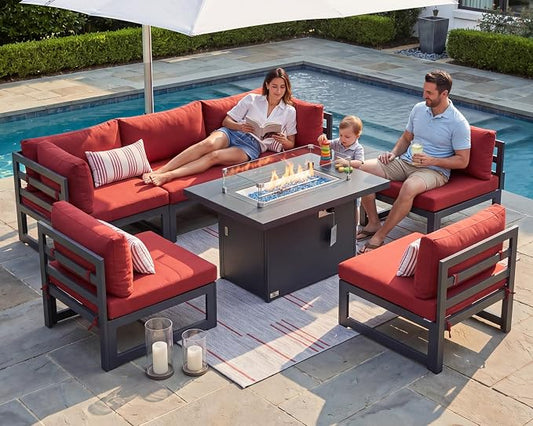 BULEXYARD 7 Pcs Modern Aluminum Outdoor Patio Furniture Set with Fire Pit Table Propane/Gas, Large All-Weather Modular Sectional Couch, 29 inch Wide Deep Seating Conversation Sofa for Outside, Red