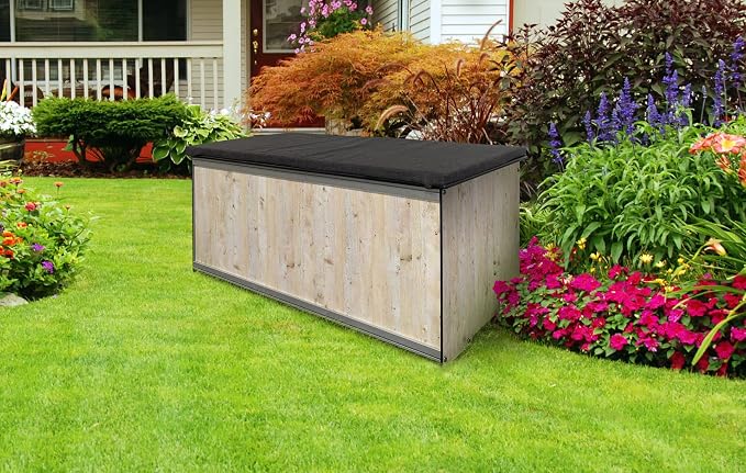 Foreman Waterproof Deck Box - made from Compact Laminate and Anodized Aluminum. Includes a Dark Grey, UV resistant seat Cushion with a washable cover and a Nylon deck box cover, 120 Gallon, Amaretto