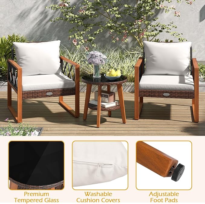 Tangkula 3 Pieces Patio Wicker Furniture Set with Acacia Wood Frame, Outdoor Conversation Cushioned Chairs and 2-Tier Tempered Glass Coffee Table for Porch, Balcony, Garden and Backyard (Off White)