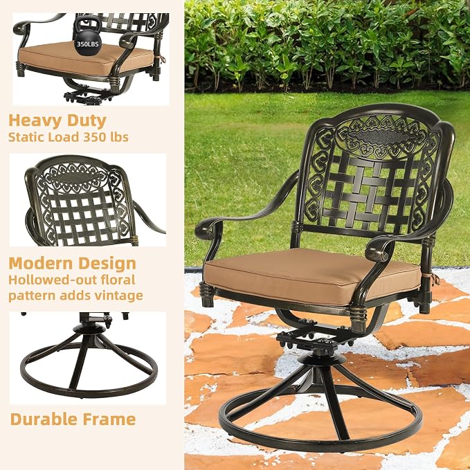 9-Piece Patio Furniture Dining Set, Cast Aluminum Outdoor Conversation Set- 61" Round Patio Dining Table with Detachable Lazy Susan & 8 Cushioned Swivel Rocker Chair, 2" Umbrella Hole, Khaki