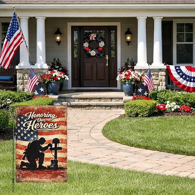 Heyfibro Memorial Day Honoring Our Heroes Garden Flag 12x18 Inch Double Sided Patriotic 4th of July Military Soldiers House Flags Veteran Independence Day Flag for Outside Yard Decorations