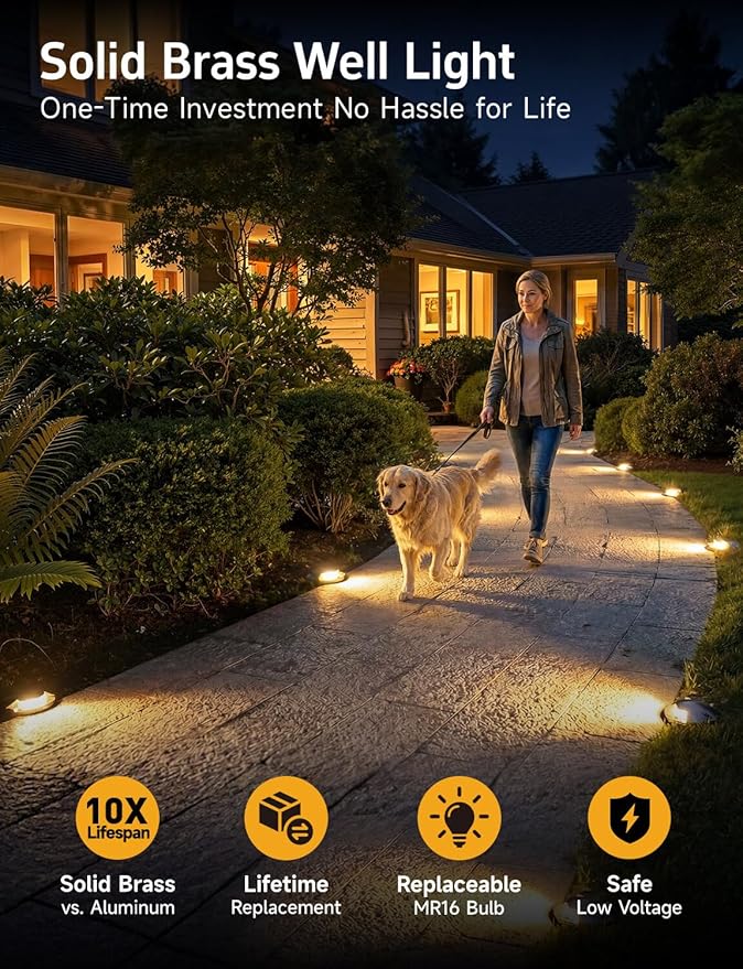 Gardenreet Landscape In Ground Well Lights - Brass Ip65 Electric LED Low Voltage Lights, 12V Wired Fixture, Antique Bronze for Patio Driveway Walkway with 5000K Daylight White MR16 Bulb