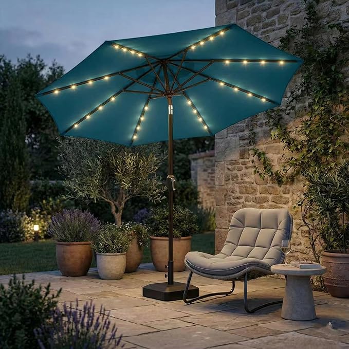 Kingdura 10FT Outdoor Patio Umbrella with Solar Lights, Market Table Umbrella with Push Button Tilt & Crank, 8 Sturdy Ribs, 32 LED Lights, UV Protection for Garden Lawn Deck Backyard Pool (Lake blue)