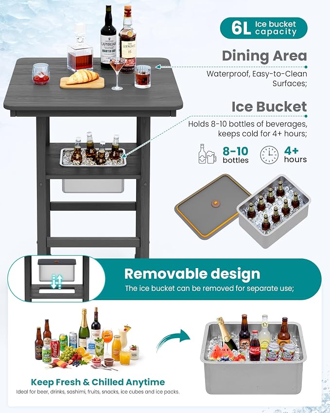SERWALL Adirondack Bar Chairs and Table 8 Pieces Set, HDPE Bar Height Chairs Set of 2 and Bar Table with Ice Bucket, Outdoor Bar Stools Set for Dining, Balcony, Poolside, Backyard, Grey