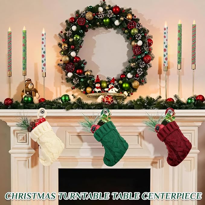 Christmas Elf Flameless Taper Candles - 6PCS Glitter Christmas Green Elf Theme Flickering LED Battery Operated Sea Salt Candles with Remote, Real Wax Party Decoration Candlesticks, Xmas Table Decor