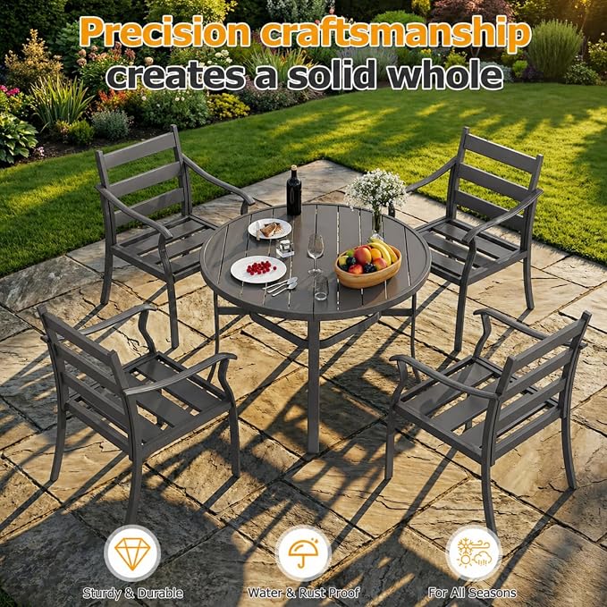 EROMMY 5-Piece Round Outdoor Patio Dining Set, 4 Metal Slat Chairs & Round Table with Umbrella Hole, All-Weather Outdoor Furniture for Backyard, Garden and Poolside